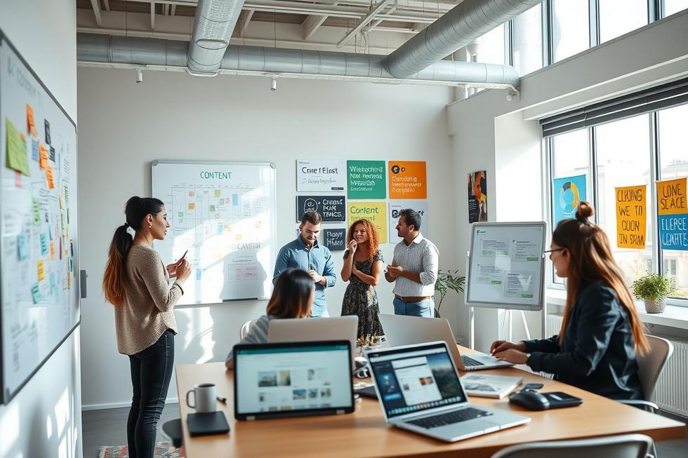 Profissionais colaborando em um escritório moderno sobre estratégias de marketing de conteúdo.