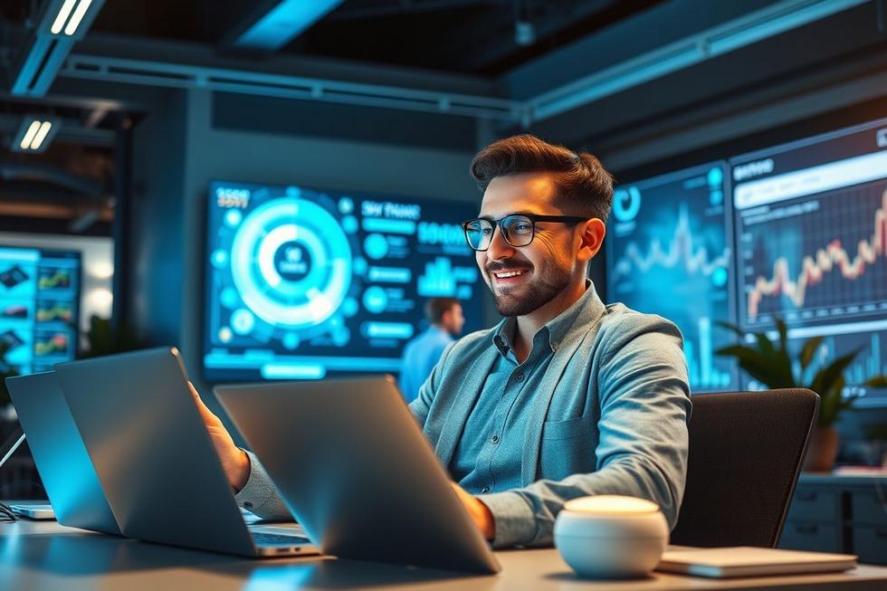 Um profissional de marketing automando processos com ferramentas digitais.