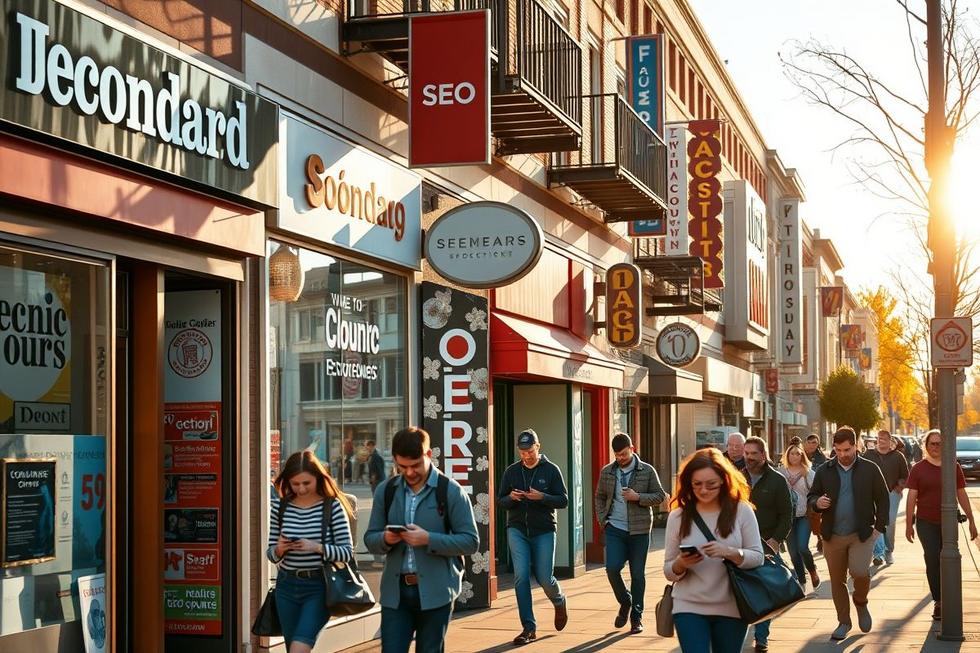 Zona comercial com negócios locais buscando melhor visibilidade online.