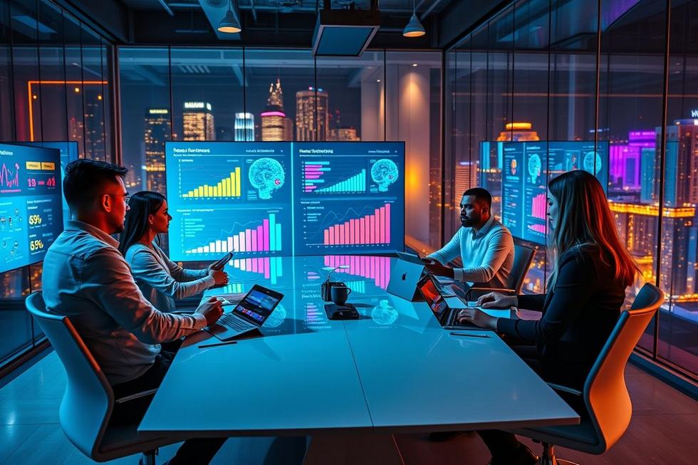 Grupo de profissionais planejando estratégias de marketing com inteligência artificial.