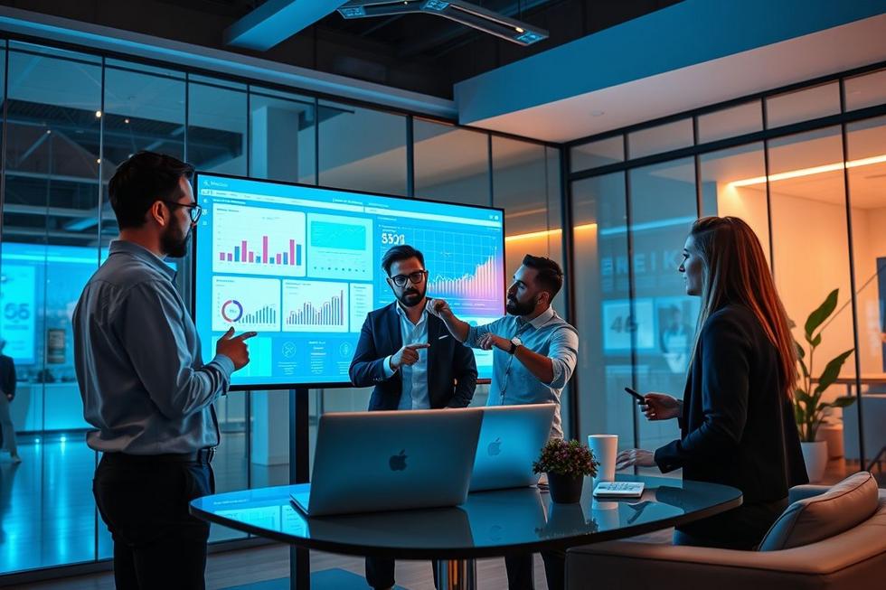 Grupo de profissionais discutindo estratégias de marketing com tecnologia avançada.