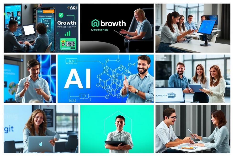 Colagem mostrando sucesso em marketing e vendas com ferramentas digitais.