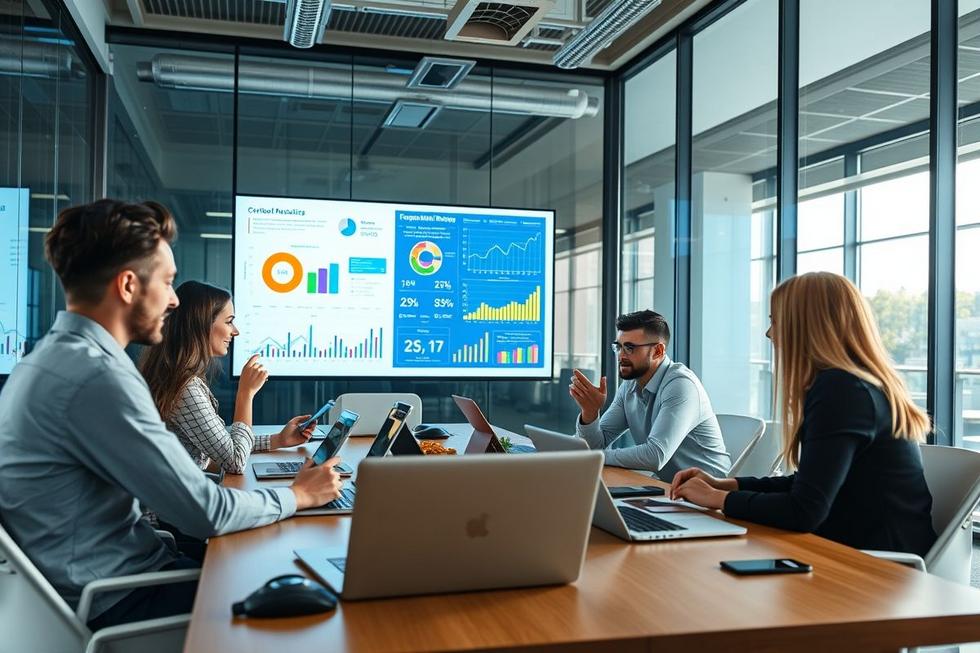 Profissionais de marketing discutindo soluções inovadoras.