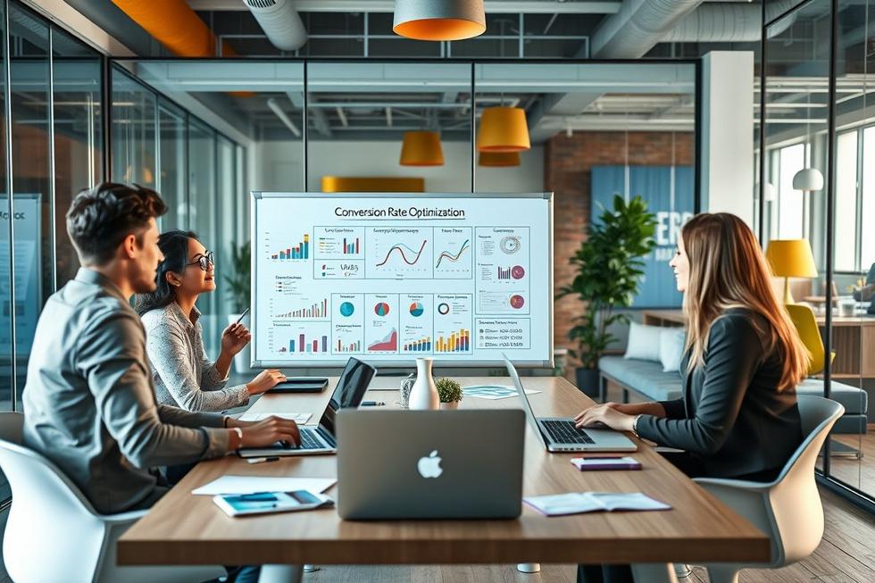 Equipa de marketing em uma reunião, colaborando em estratégias de otimização.