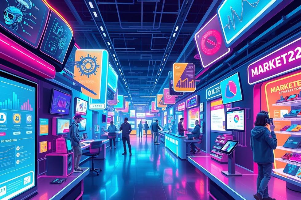 Ilustração vibrante sobre a evolução das estratégias de marketing para 2024.