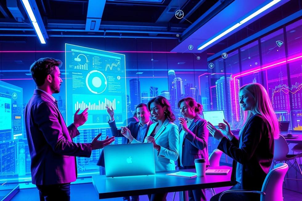 Profissionais de marketing navegando em tendências digitais.