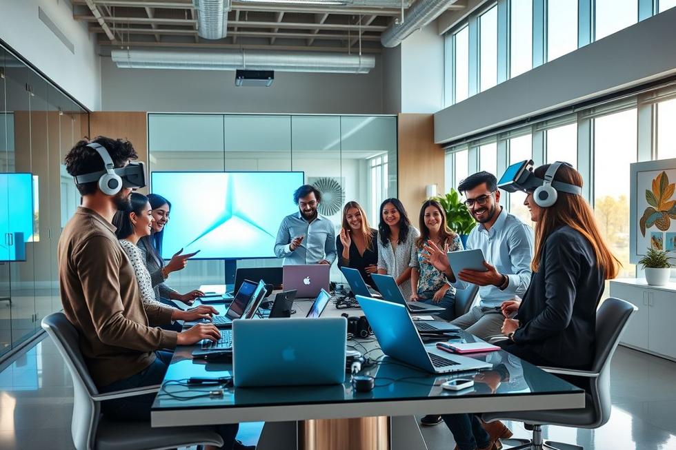 Profissionais de marketing discutindo estratégias tecnológicas de forma colaborativa.