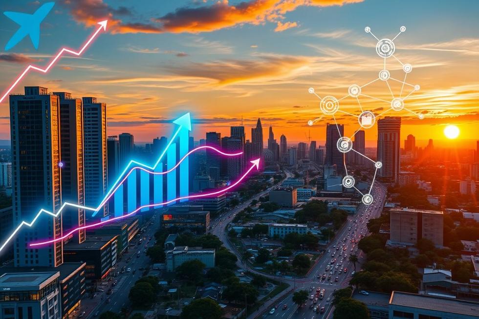 Vista da cidade de Uberlândia com sobreposição de elementos de marketing digital.