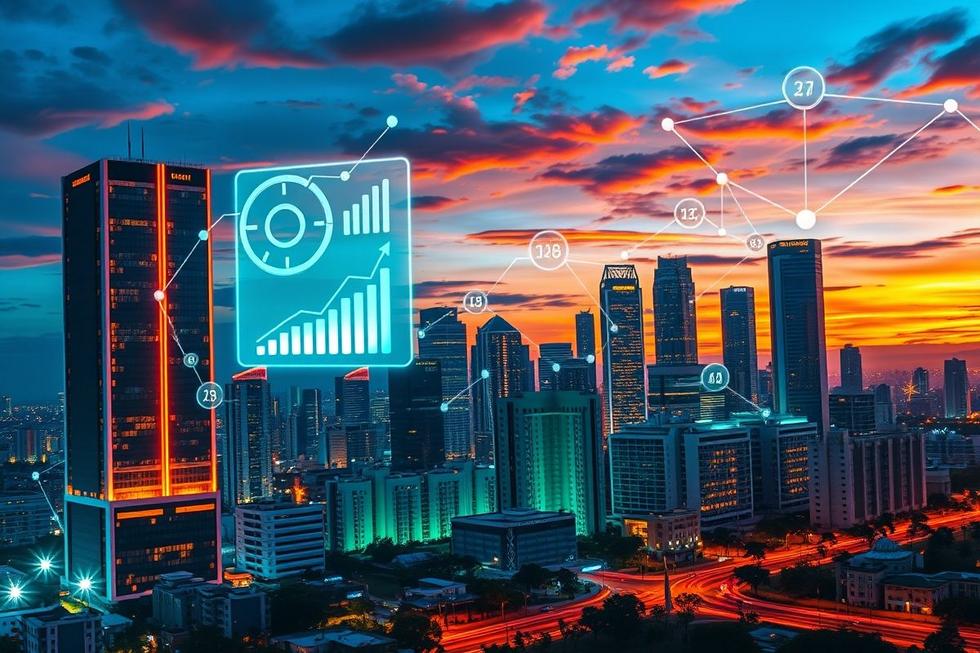 Cidade de Uberlândia com elementos de tecnologia e marketing digital.