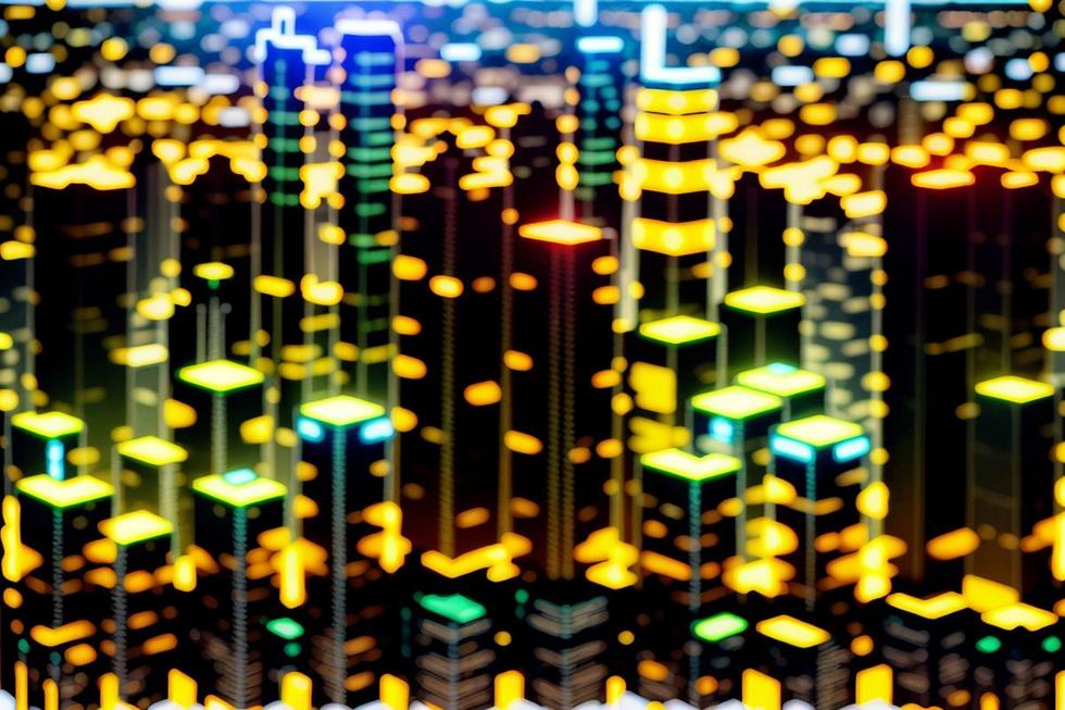 Vista panorâmica da cidade de Uberlândia com elementos digitais representando marketing e IA.