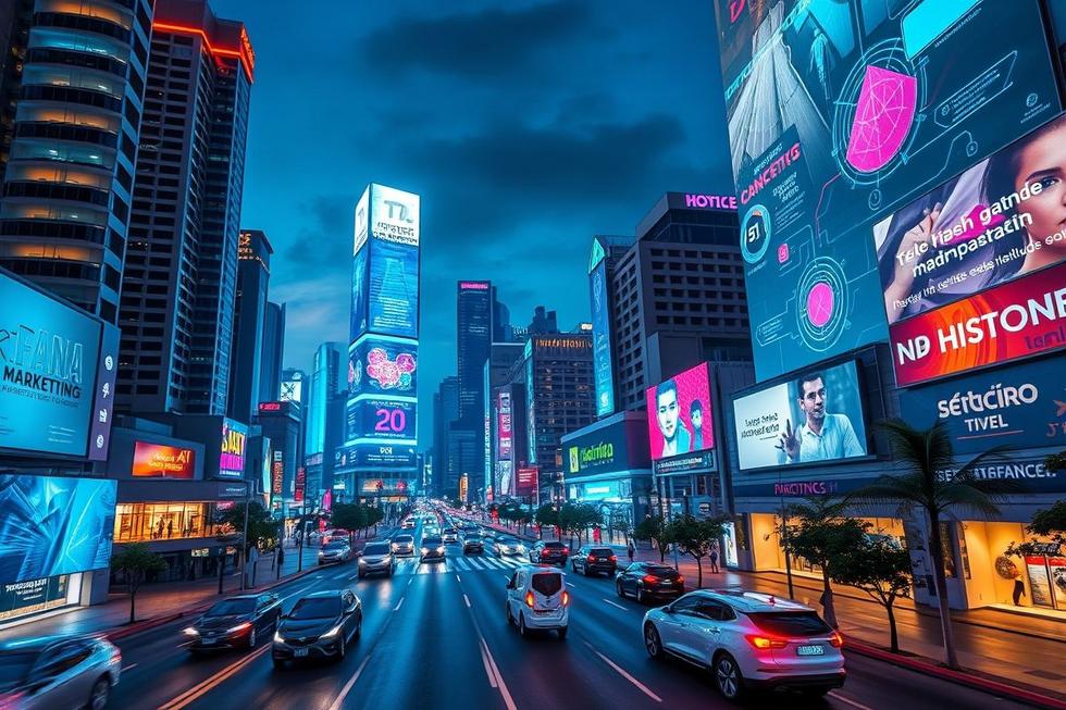 Cidade futurista de Uberlândia com telas digitais ilustrando as oportunidades no marketing digital.