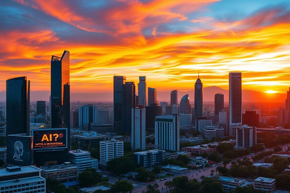 Vista panorâmica da cidade de Uberlândia ao pôr do sol, representando crescimento e inovação.