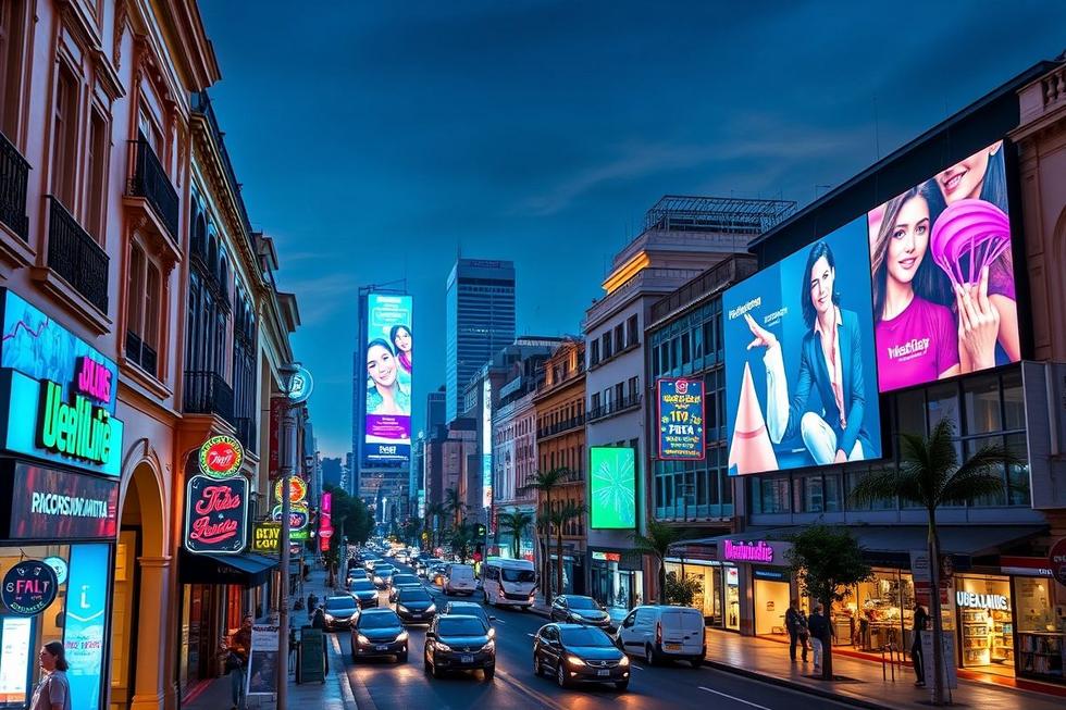 Vista da cidade de Uberlândia mostrando elementos de marketing digital integrado ao cotidiano.