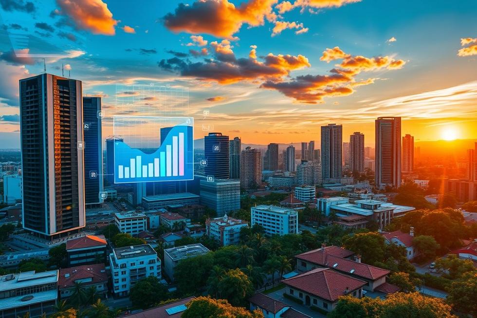 Vista vibrante de Uberlândia mesclada com elementos de marketing digital.