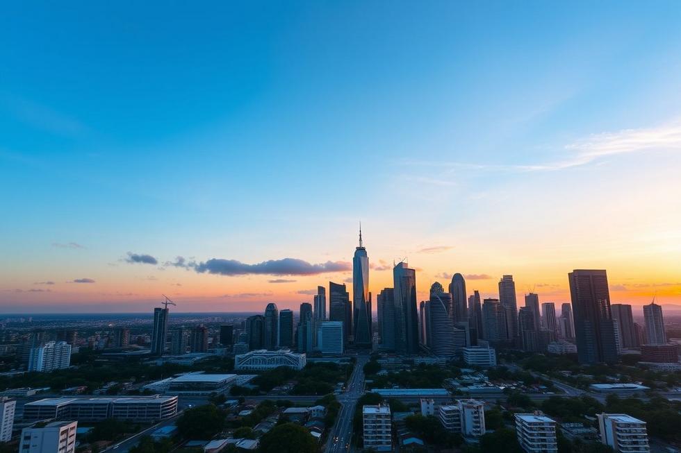 Vista do horizonte de Uberlândia durante o pôr do sol, refletindo as oportunidades de crescimento.
