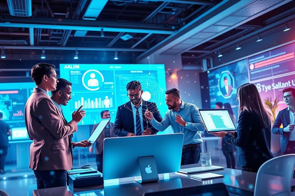 Profissionais de vendas em um ambiente colaborativo com tecnologia de IA.