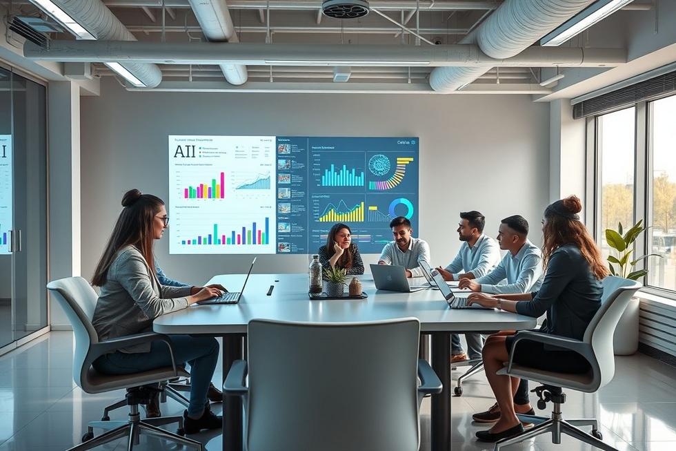 Ambiente de trabalho com equipe de marketing digital e gráficos relacionados à inteligência artificial.