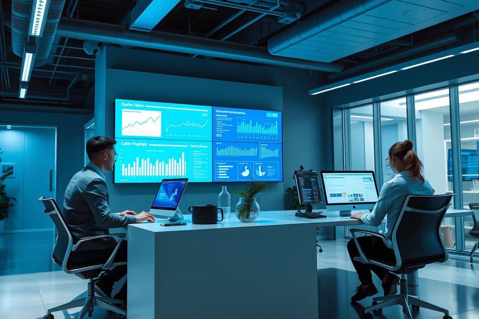 Ambiente de trabalho moderno com integração tecnológica