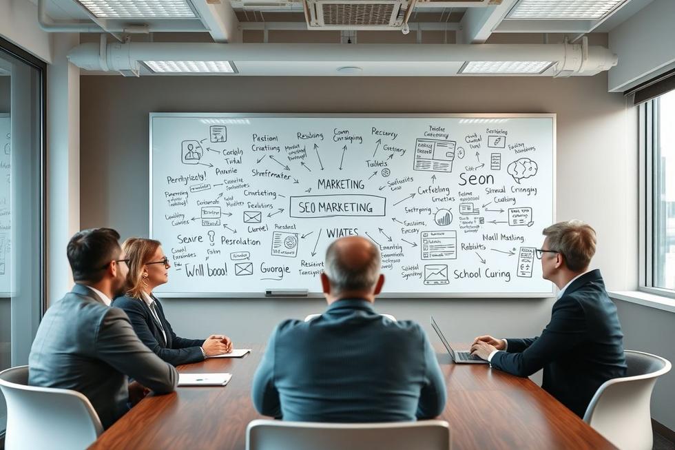Reunião de administradores discutindo SEO