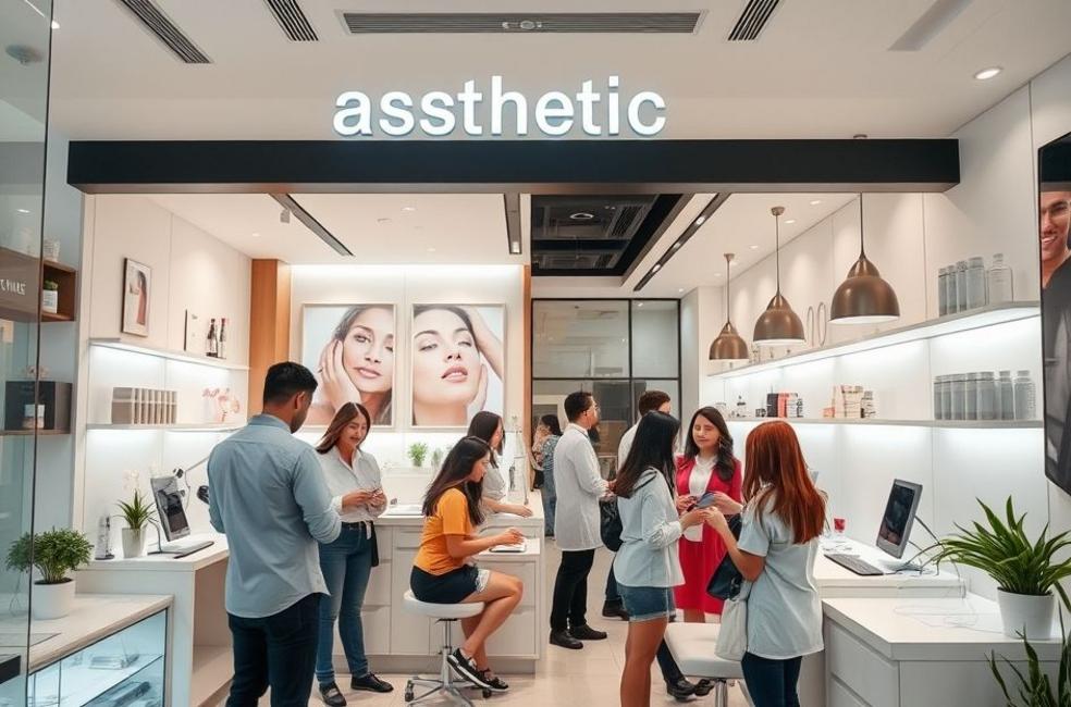 Ambiente de uma clínica de estética dinâmica com equipe engajando-se na mídia social.