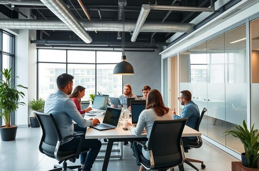 Um escritório moderno de marketing focado em estratégias e colaborações em São Paulo.