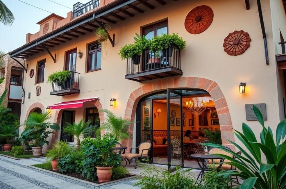 Fachada de um hotel boutique com jardins e área ao ar livre.