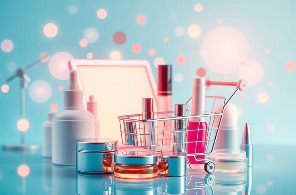 Imagem de capa mostrando cosméticos e elementos digitais representando o e-commerce.