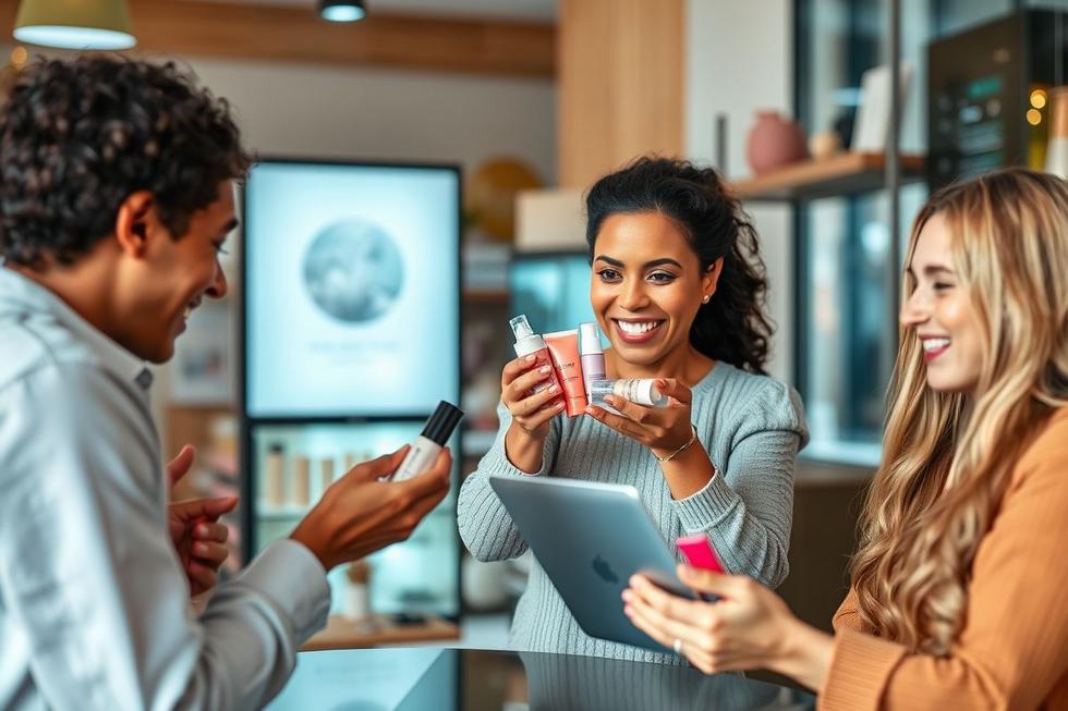 Clientes satisfeitos interagindo com um e-commerce de beleza.