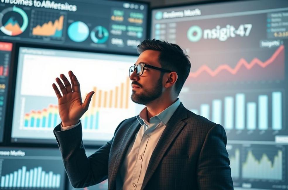 Líder de negócios analisando métricas de marketing digital.