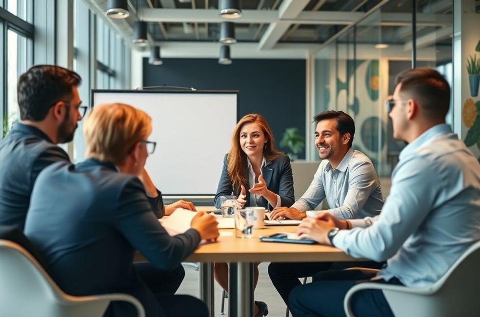 Grupo de profissionais discutindo estratégias em uma reunião de negócios.