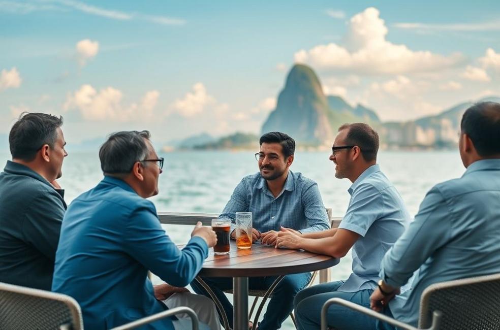 Cenário do Rio de Janeiro com empresários discutindo estratégias de marketing.
