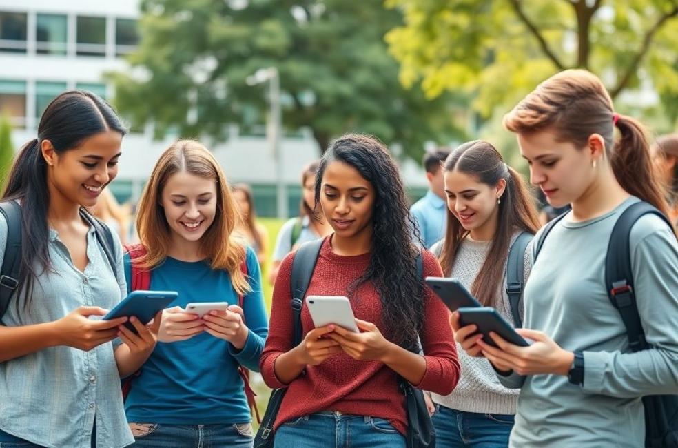 Estudantes interagindo com dispositivos digitais em um campus universitário.