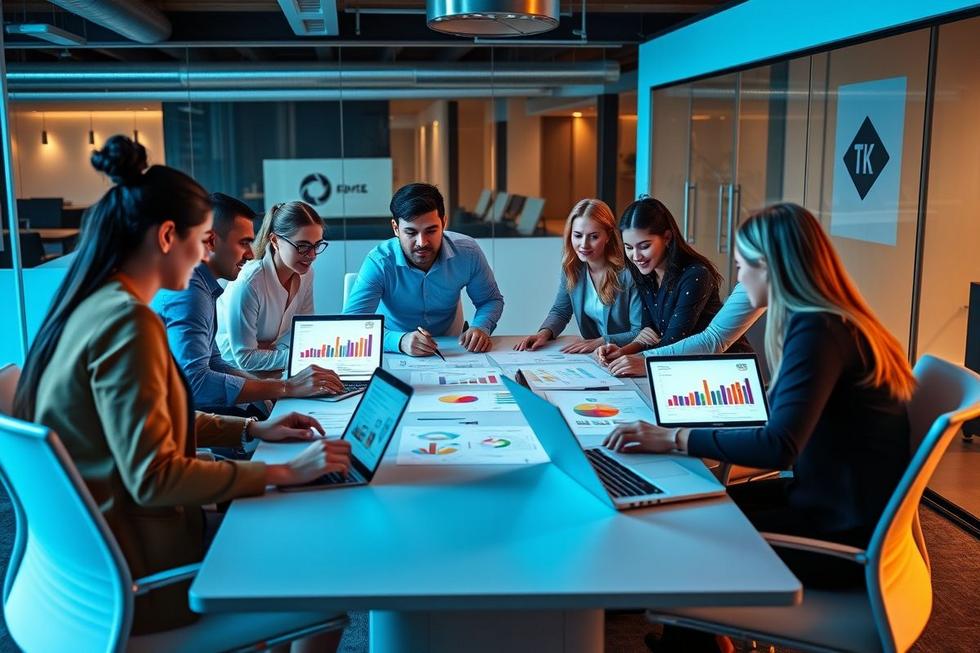 Um grupo diverso de advogados discutindo estratégias de marketing digital.