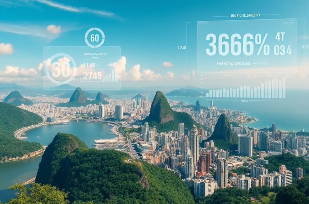Vista ampla do Rio de Janeiro destacando elementos de marketing digital.
