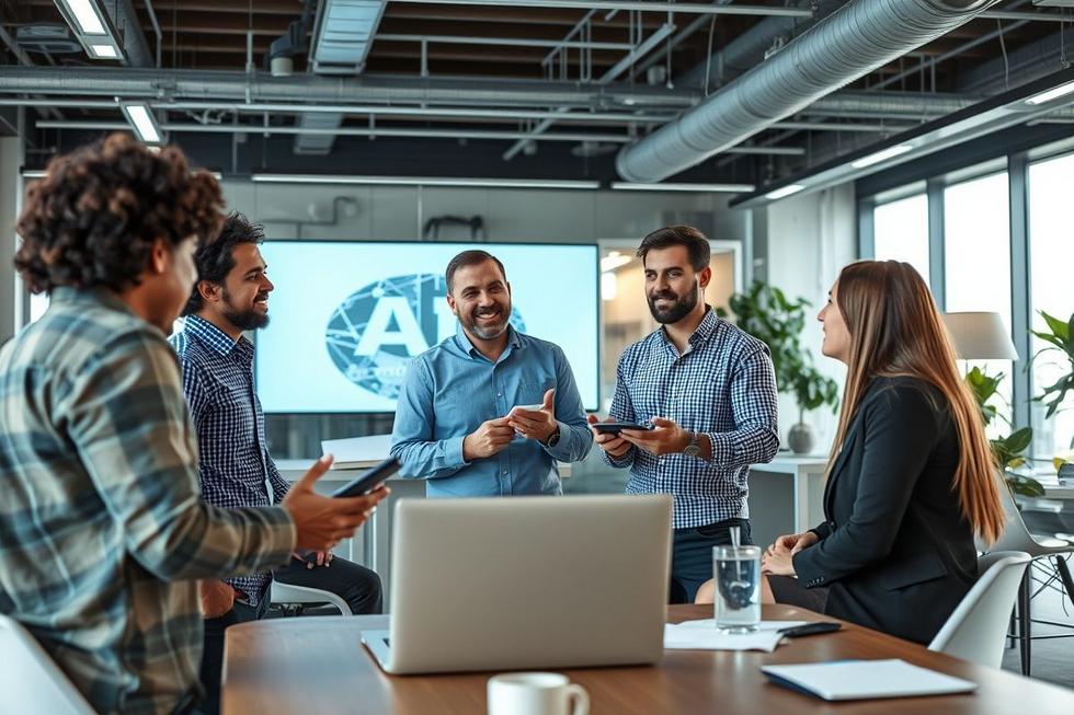 Grupo de empresários colaborando em um escritório moderno.