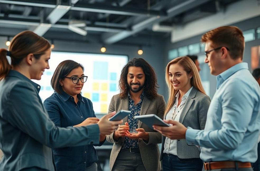 Grupo diversificado de profissionais discutindo estratégias de marketing.