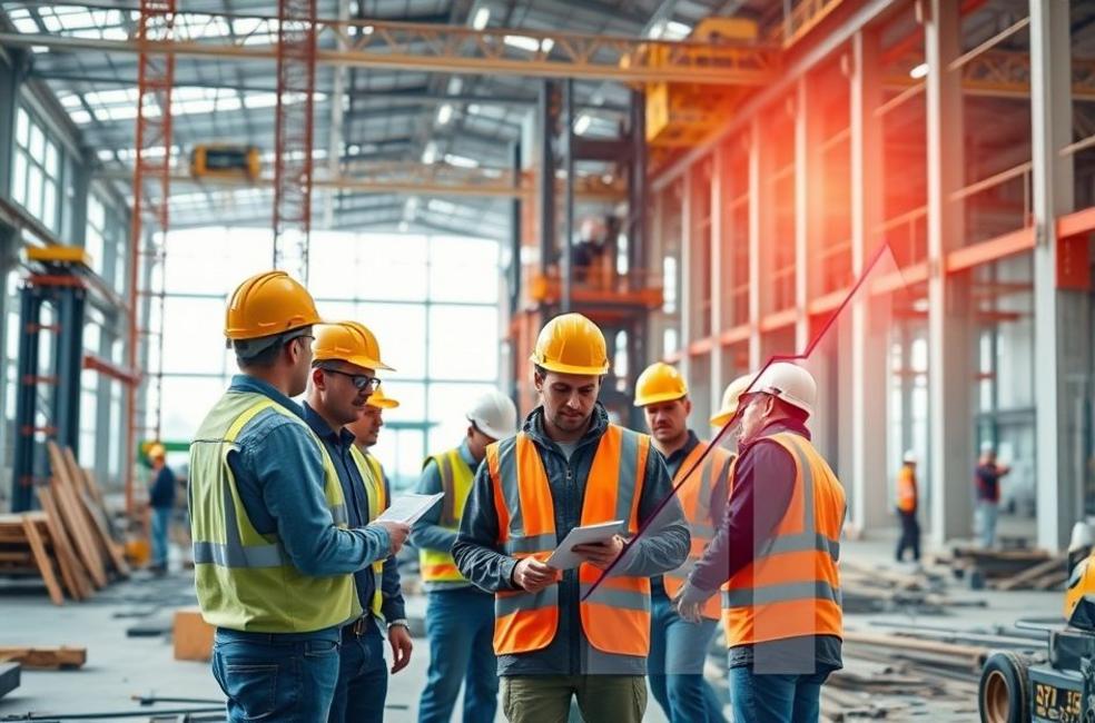 Canteiro de obras com elementos digitais simbolizando crescimento.