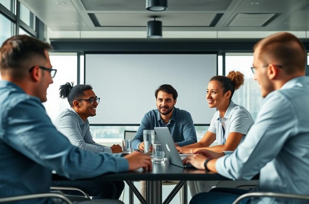 Profissionais de marketing B2B colaborando em um espaço de trabalho moderno.