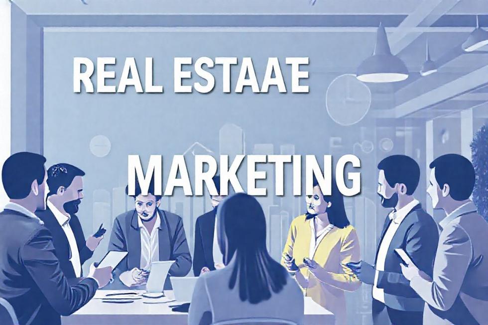 Profissionais de marketing em um cenário imobiliário inovador.