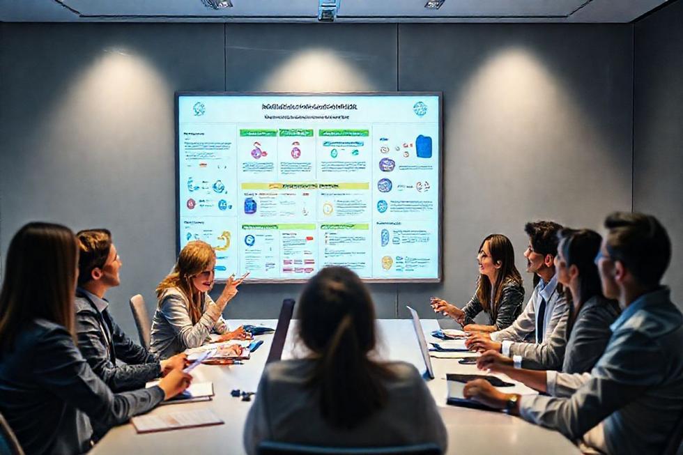 Quadro de estratégia de marketing digital no setor de saúde com profissionais discutindo ideias.