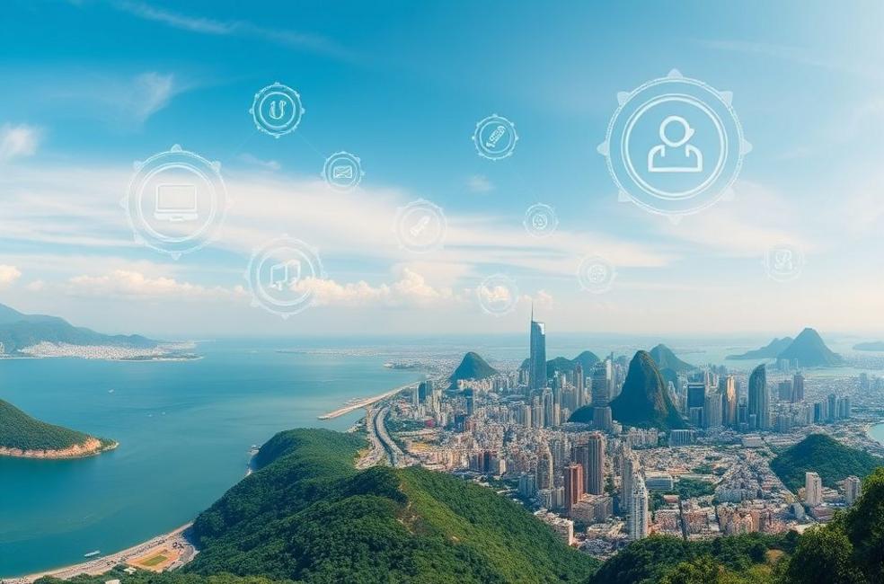 Panorâmica do Rio de Janeiro com ícones digitais que representam marketing e tecnologia.