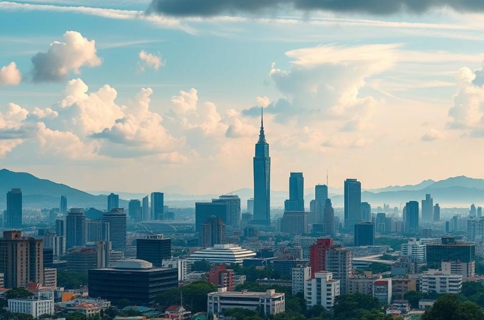 Vista panorâmica do skyline de São Paulo com sobreposições digitais representando estratégias de marketing.