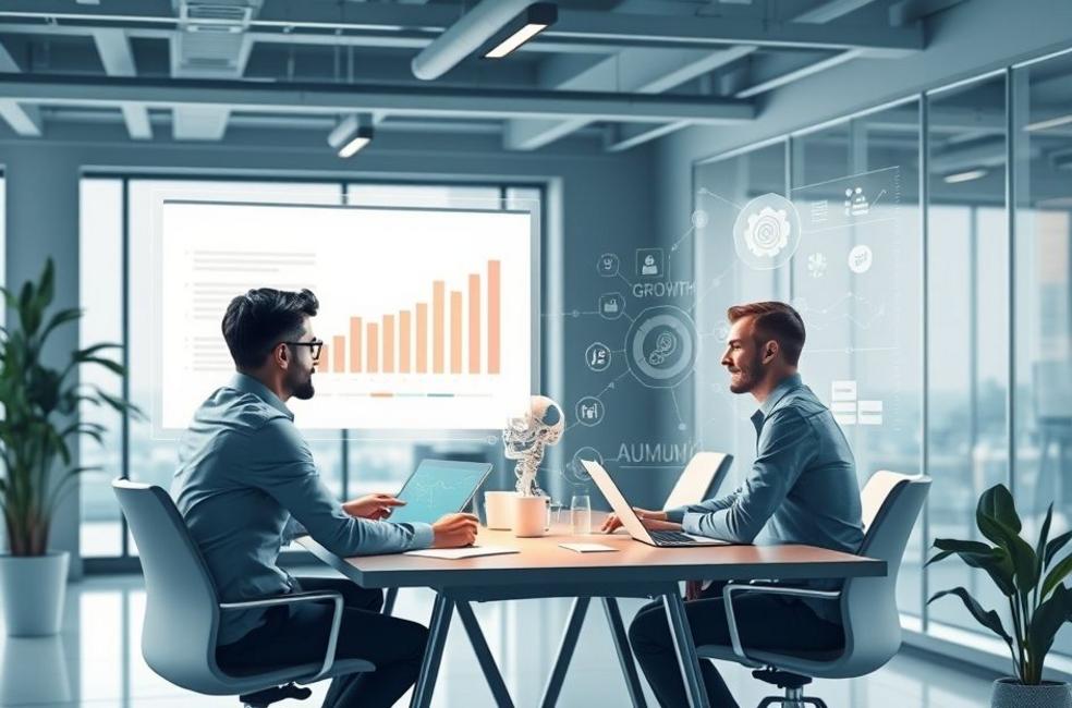 Empreendedores em uma sessão de estratégia modernizando a abordagem de marketing com ferramentas de IA.