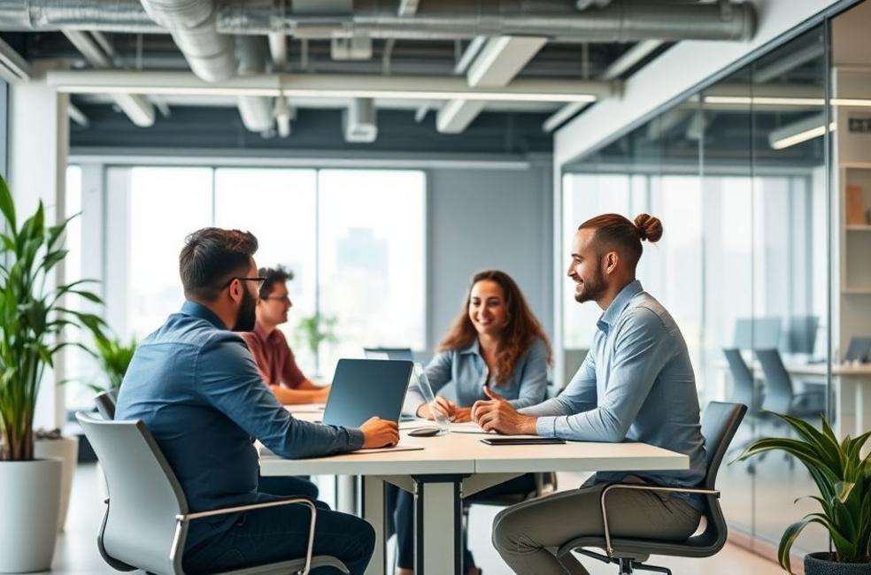 Profissionais trabalhando juntos em um ambiente moderno, focados em marketing B2B no Rio de Janeiro.