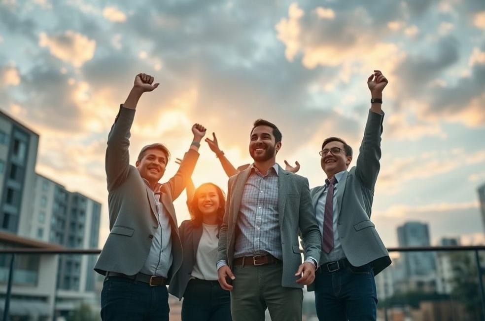Arquitetos celebrando resultados positivos de marketing digital.