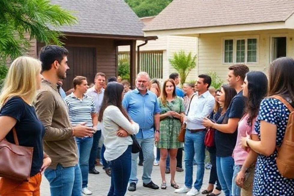 Cena vibrante de uma imobiliária local com pessoas interagindo com profissionais.