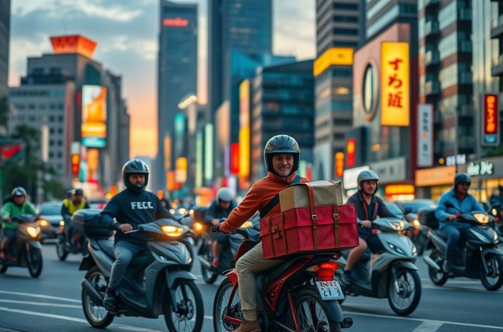 Cenário da cidade ao entardecer com entregadores de delivery.