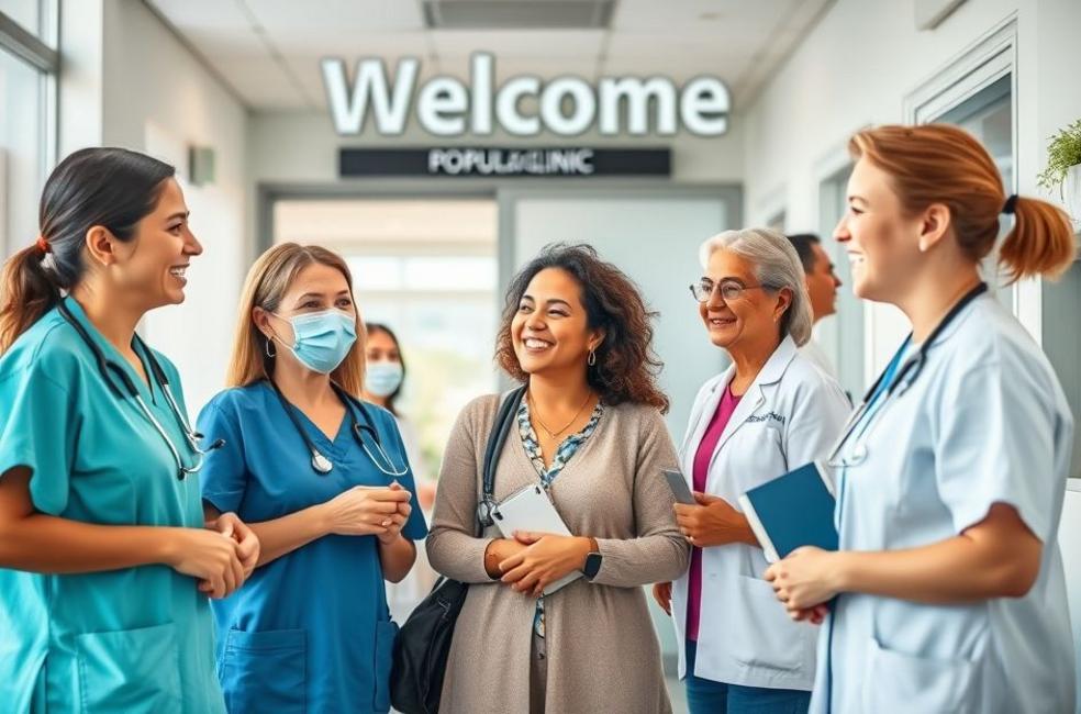 Profissionais de saúde atendendo pacientes em uma clínica popular.