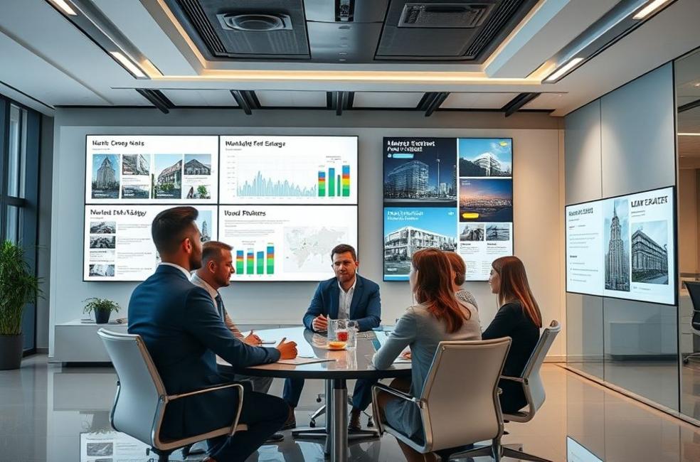 Profissionais de marketing imobiliário colaborando em um ambiente moderno.