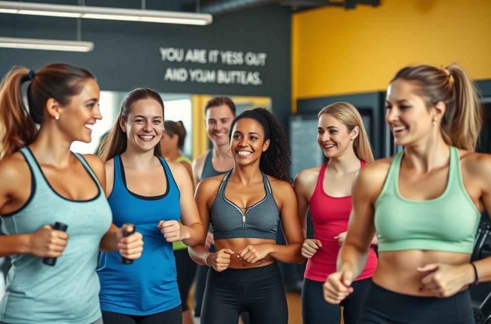 Grupo de pessoas sorrindo na academia.
